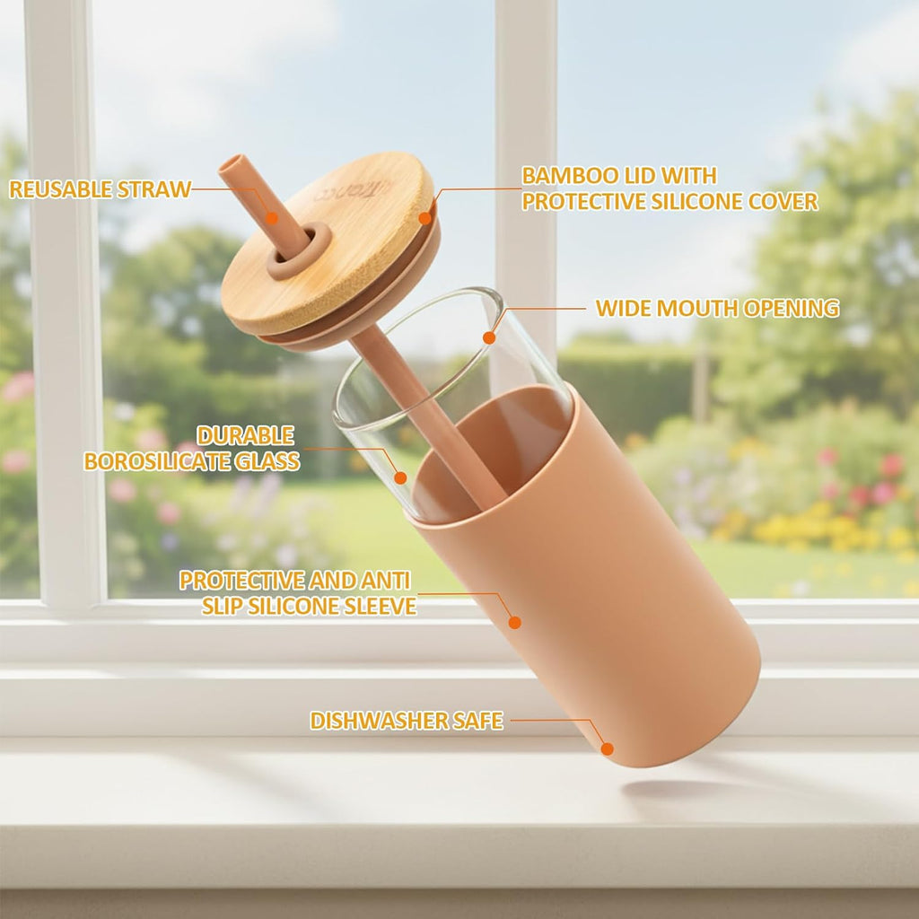16 Oz Glass Tumbler with Lids and Straw, Reusable Iced Coffee Cup & Smoothie Cup with Bamboo Lid