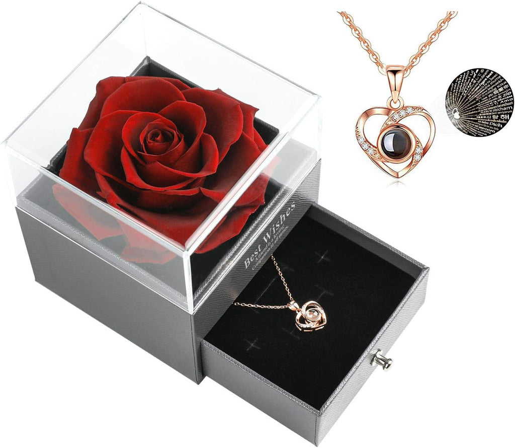 Preserved Real Rose Drawer with Heart Necklace I Love You in 100 Languages Gift Set