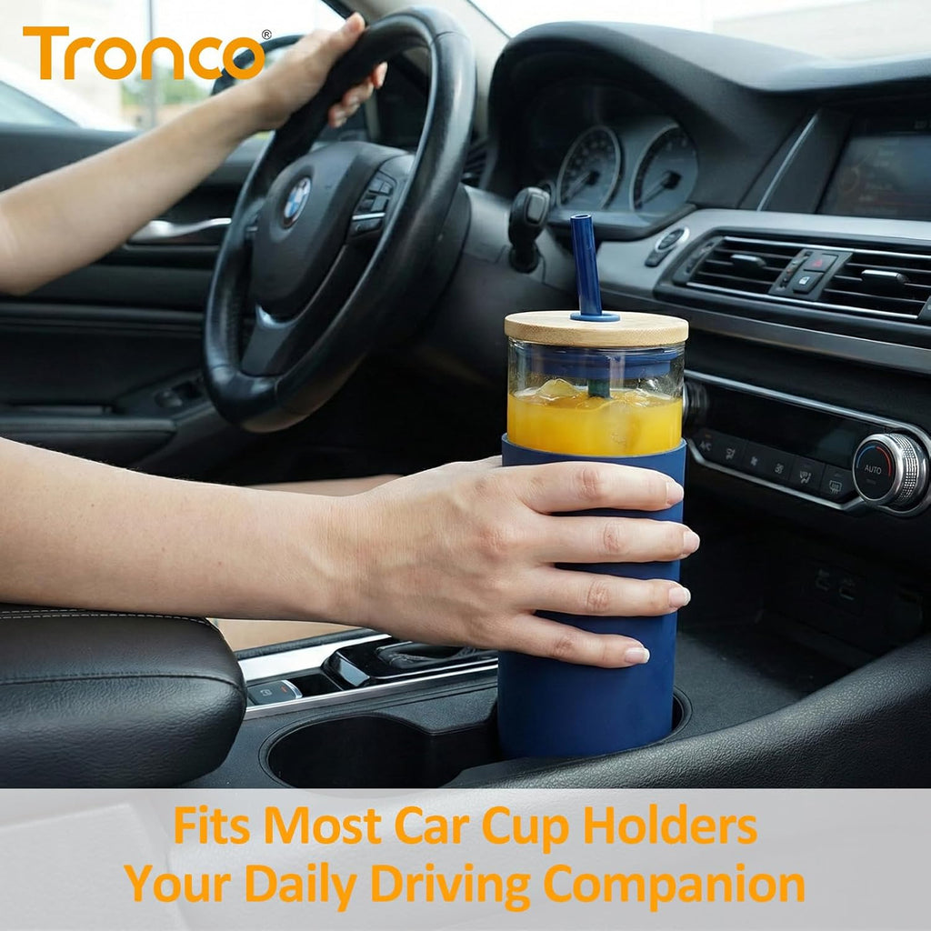 16 Oz Glass Tumbler with Lids and Straw, Reusable Iced Coffee Cup & Smoothie Cup with Bamboo Lid