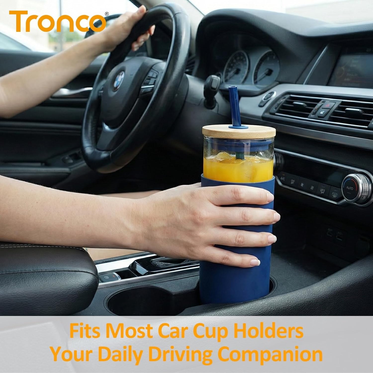 16 Oz Glass Tumbler with Lids and Straw, Reusable Iced Coffee Cup & Smoothie Cup with Bamboo Lid