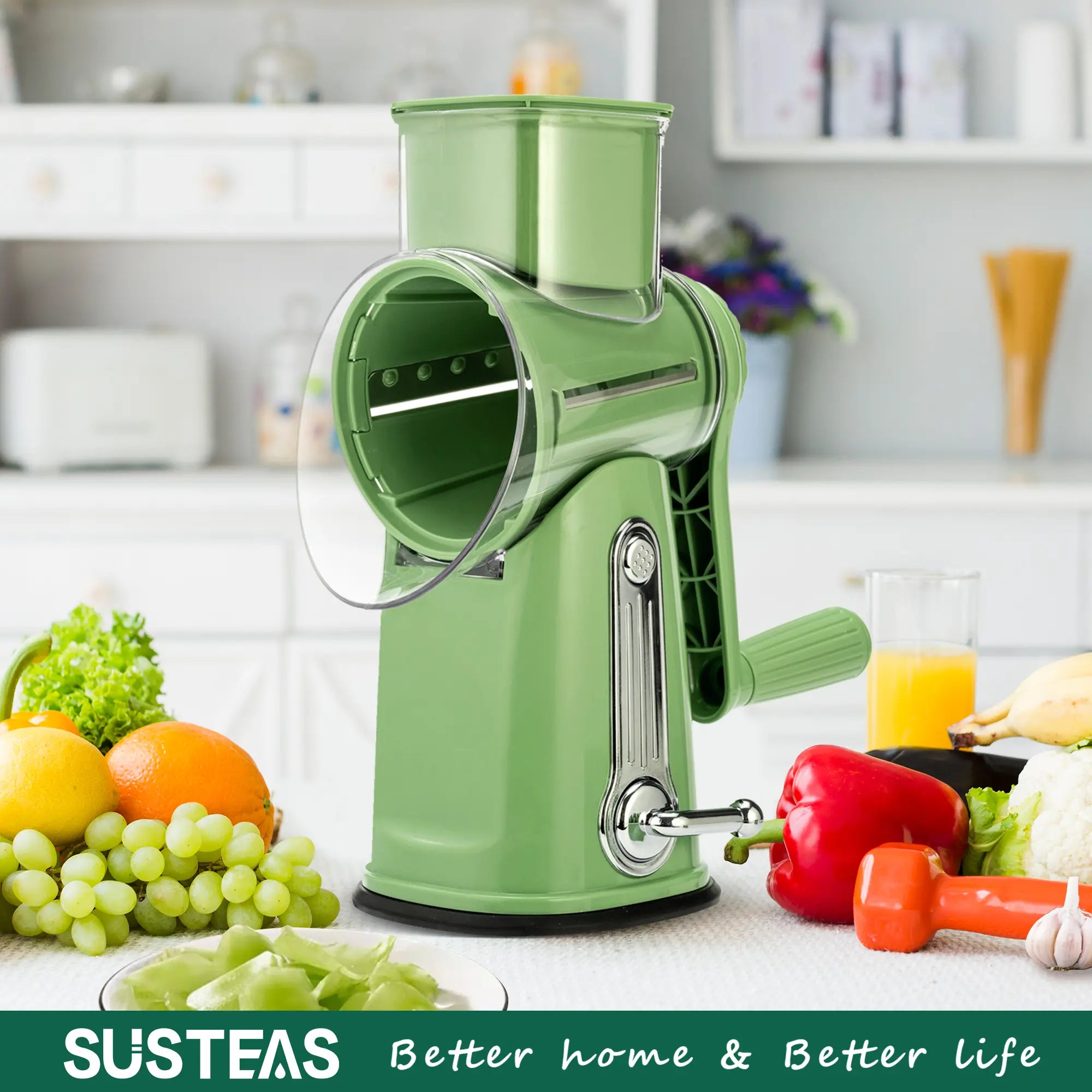 SUSTEAS Rotary Cheese Grater with Handle, 5 Well-Designed Blades, Strong Suction Cup Base, Kitchen Utensils Vegetable Slicer Dicer Fruit Vegetable Slicer Gadgets Kitchen Summerwins