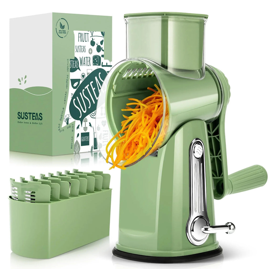SUSTEAS Rotary Cheese Grater with Handle, 5 Well-Designed Blades, Strong Suction Cup Base, Kitchen Utensils Vegetable Slicer Dicer Fruit Vegetable Slicer Gadgets Kitchen Summerwins