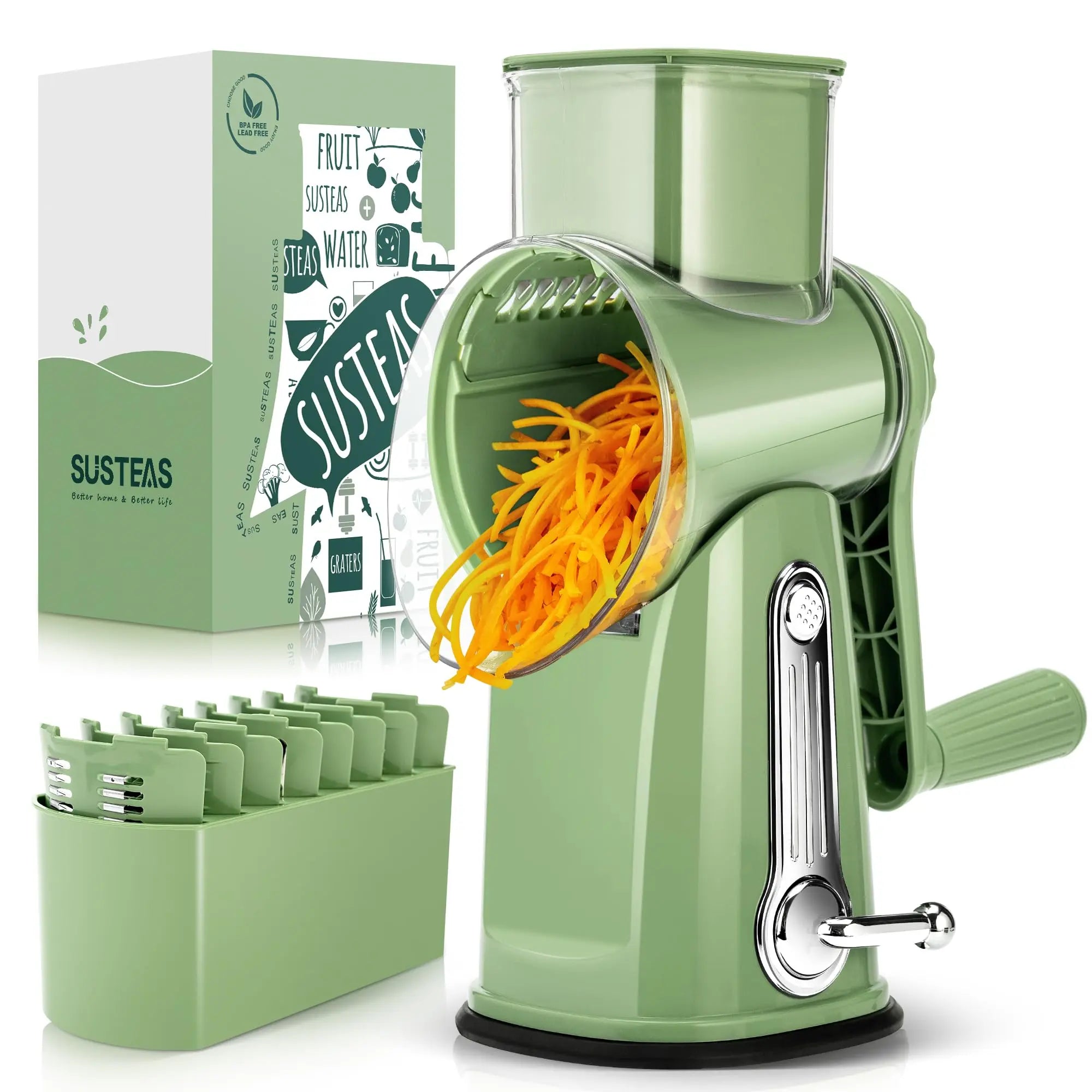SUSTEAS Rotary Cheese Grater with Handle, 5 Well-Designed Blades, Strong Suction Cup Base, Kitchen Utensils Vegetable Slicer Dicer Fruit Vegetable Slicer Gadgets Kitchen Summerwins