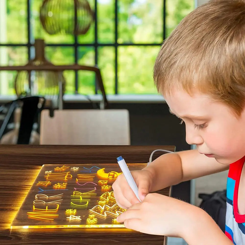 LED Light up Acrylic Message Board Home Decor, LED Lighted Erasable Drawing Board Desktop Light with 7 Pen