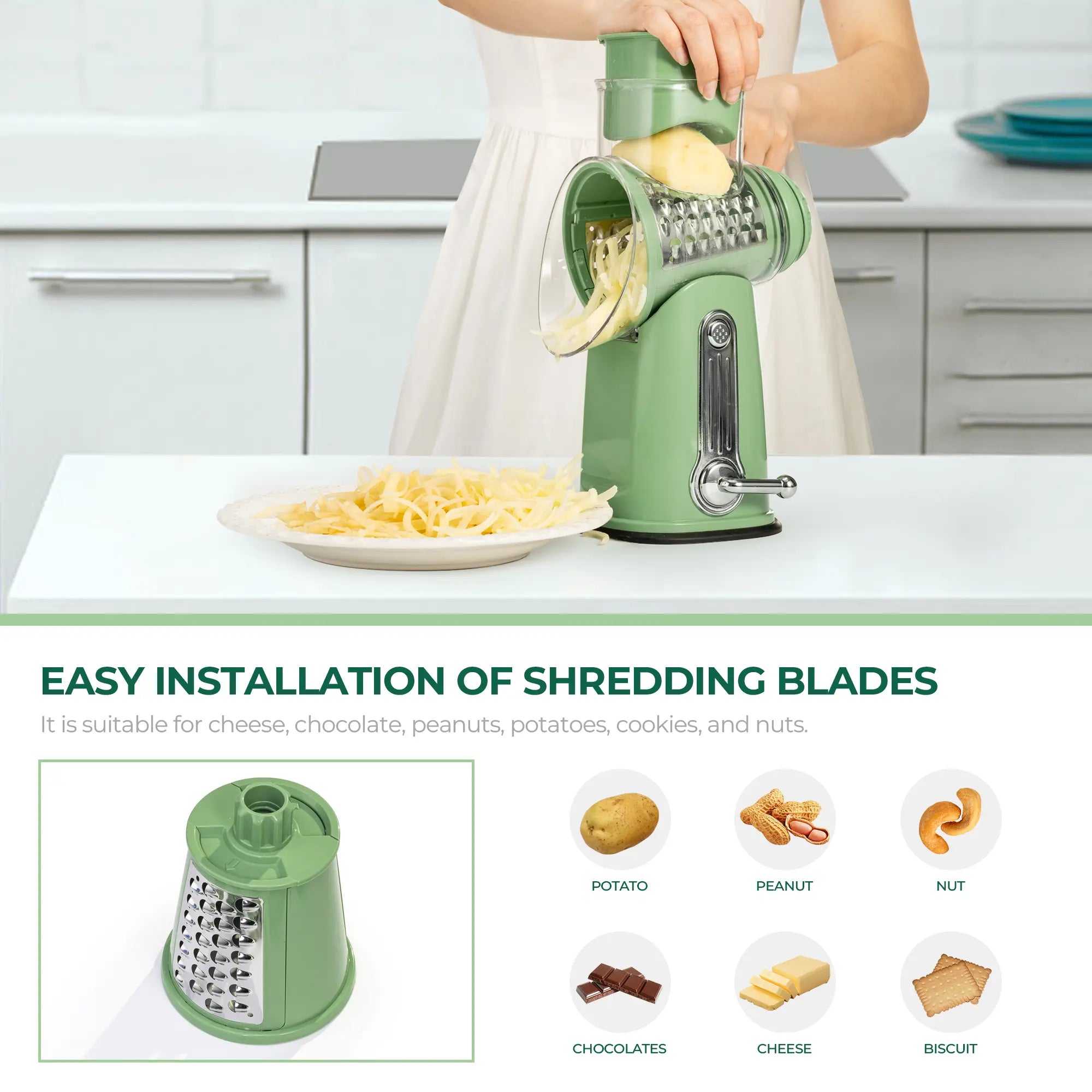 SUSTEAS Rotary Cheese Grater with Handle, 5 Well-Designed Blades, Strong Suction Cup Base, Kitchen Utensils Vegetable Slicer Dicer Fruit Vegetable Slicer Gadgets Kitchen Summerwins