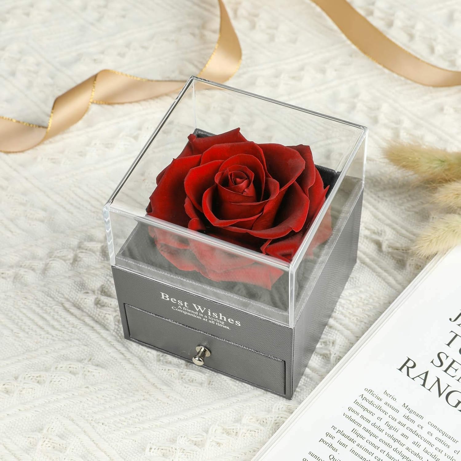 Preserved Real Rose Drawer with Heart Necklace I Love You in 100 Languages Gift Set