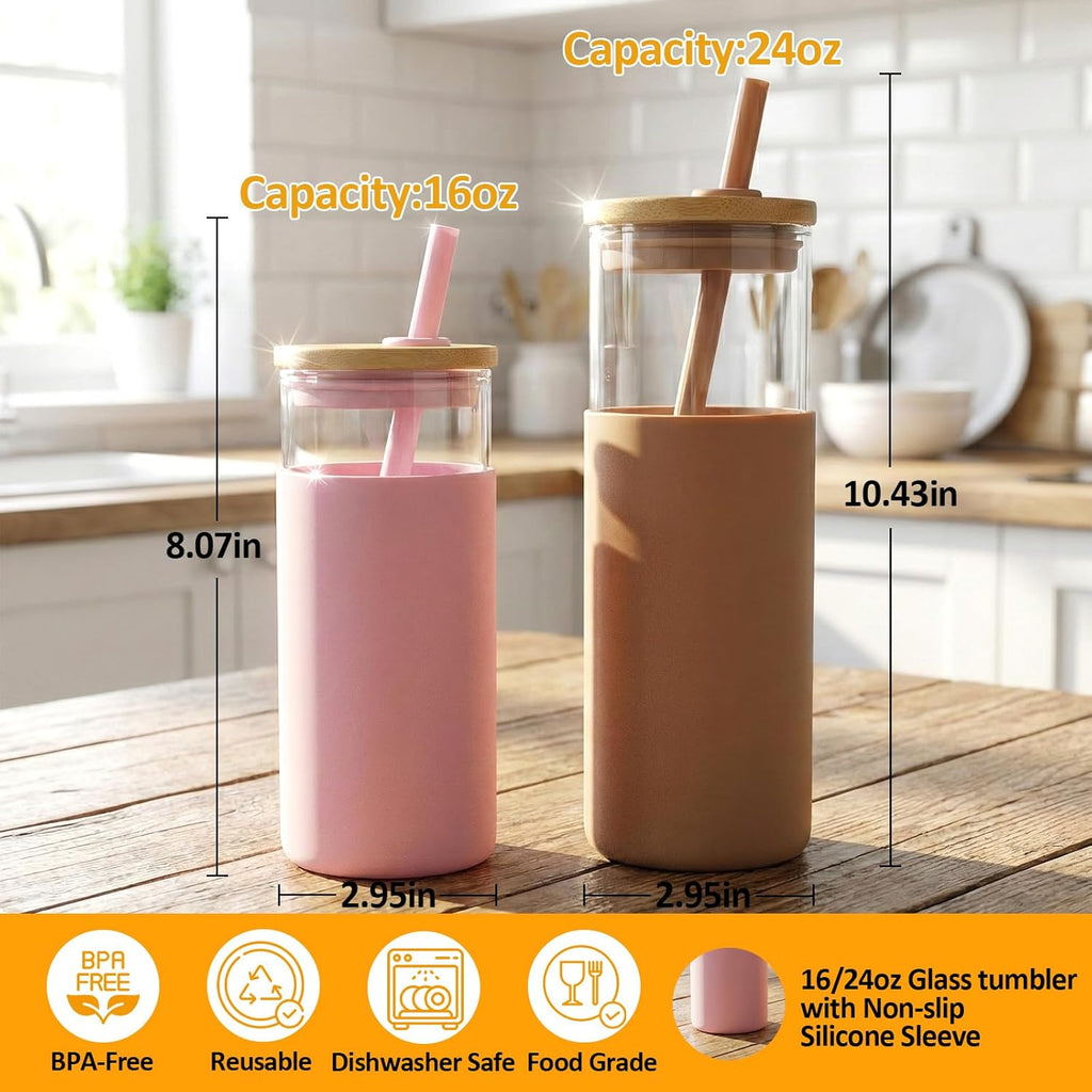 16 Oz Glass Tumbler with Lids and Straw, Reusable Iced Coffee Cup & Smoothie Cup with Bamboo Lid