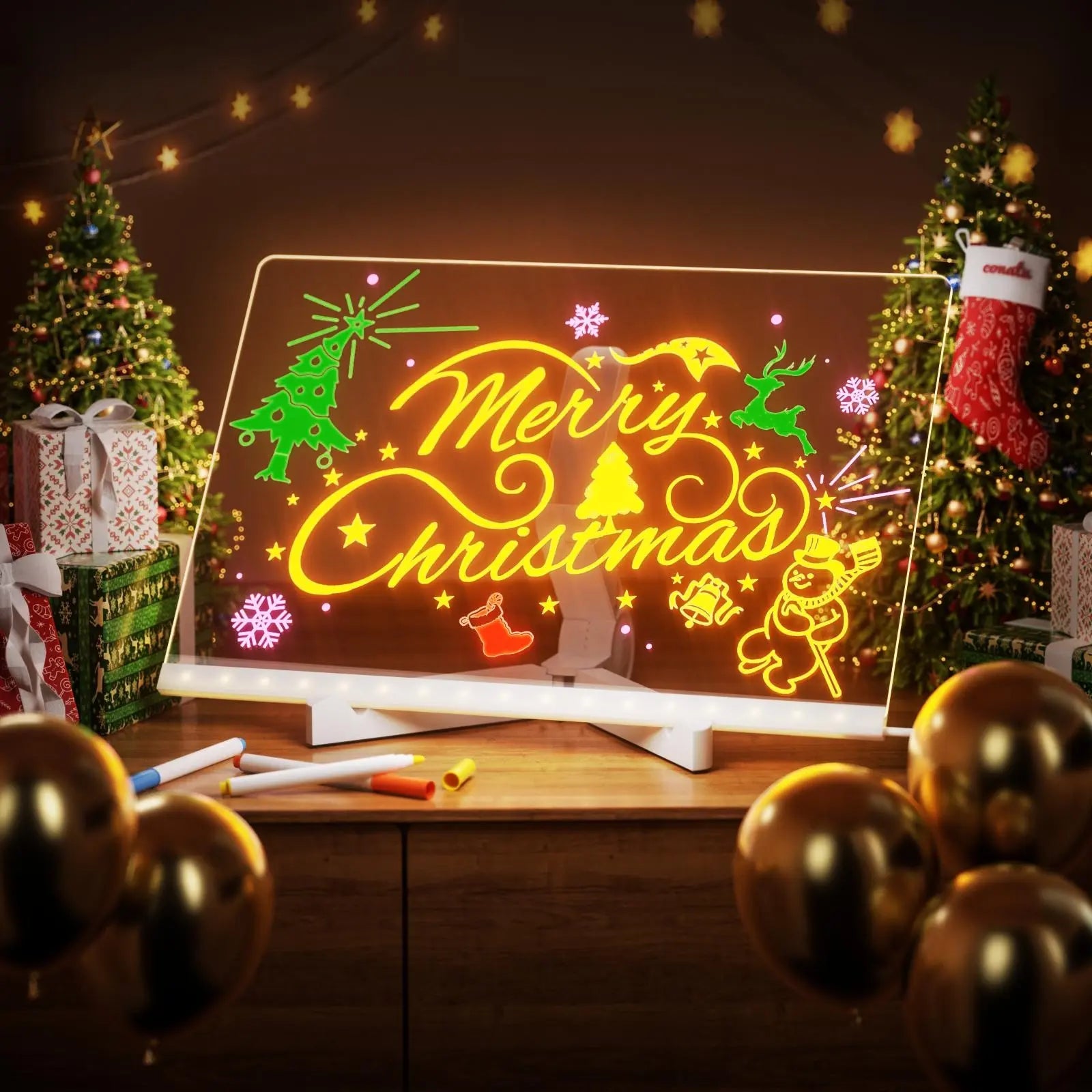 LED Light up Acrylic Message Board Home Decor, LED Lighted Erasable Drawing Board Desktop Light with 7 Pen