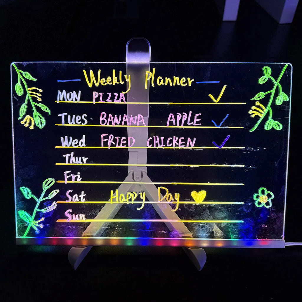 LED Light up Acrylic Message Board Home Decor, LED Lighted Erasable Drawing Board Desktop Light with 7 Pen