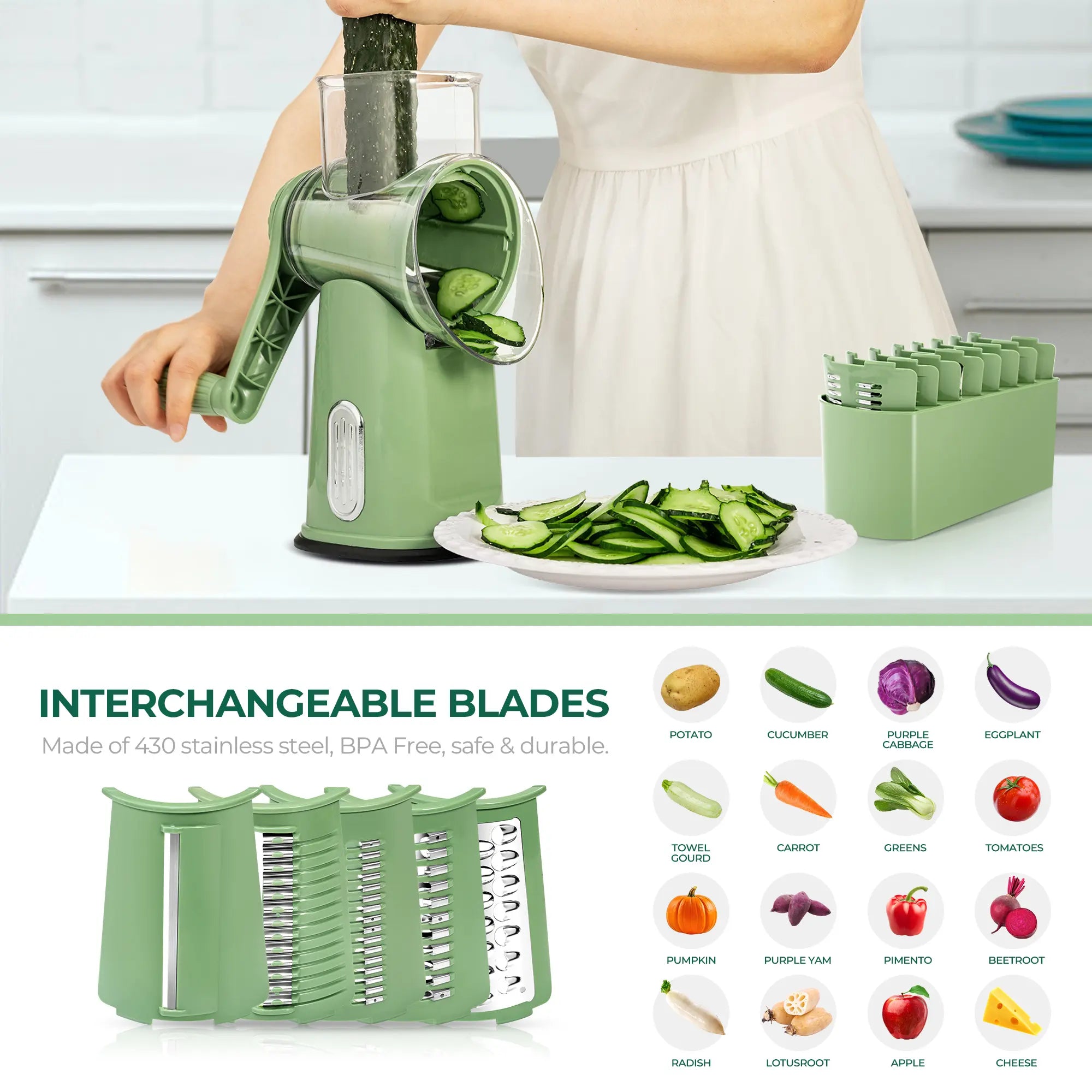 SUSTEAS Rotary Cheese Grater with Handle, 5 Well-Designed Blades, Strong Suction Cup Base, Kitchen Utensils Vegetable Slicer Dicer Fruit Vegetable Slicer Gadgets Kitchen Summerwins