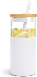 16 Oz Glass Tumbler with Lids and Straw, Reusable Iced Coffee Cup & Smoothie Cup with Bamboo Lid