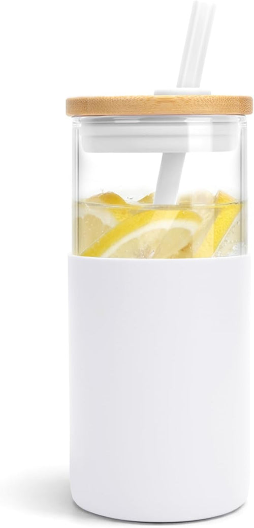 16 Oz Glass Tumbler with Lids and Straw, Reusable Iced Coffee Cup & Smoothie Cup with Bamboo Lid